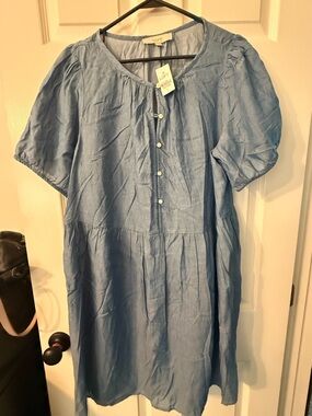 LOFT Chambray Blue Button-Front Peasant Dress